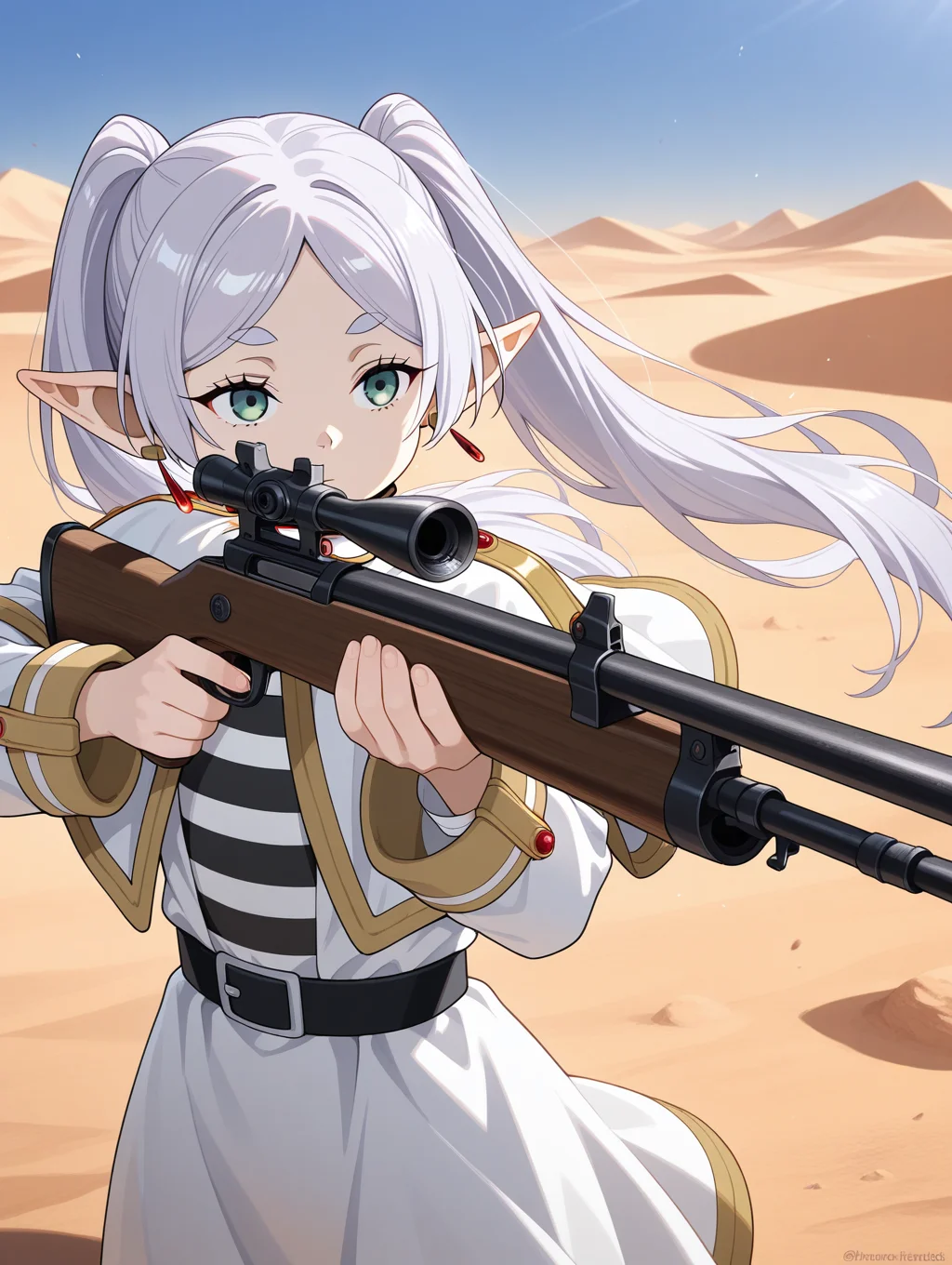 1girl, frieren, sousou no frieren, holding gun, rifle, aiming, desert
,masterpiece,best quality,amazing quality,
