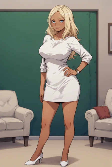 score_9, score_8_up, score_7_up, score_6_up, score_5_up, score_4_up, BREAK source_anime, 1girl, solo,
<lora:MerylXL-v1-07:0.7>, ChopioMeryl, dark-skinned female, long hair, blonde hair, thick eyebrows, blue eyes, looking at viewer,
large breasts,
outfit_1, white dress, short dress, sweater dress, sleeves pushed up, wristwatch, high heels, white footwear,
living room, standing, seductive smile, hand on own hip, parted lips, contrapposto, cowboy shot,