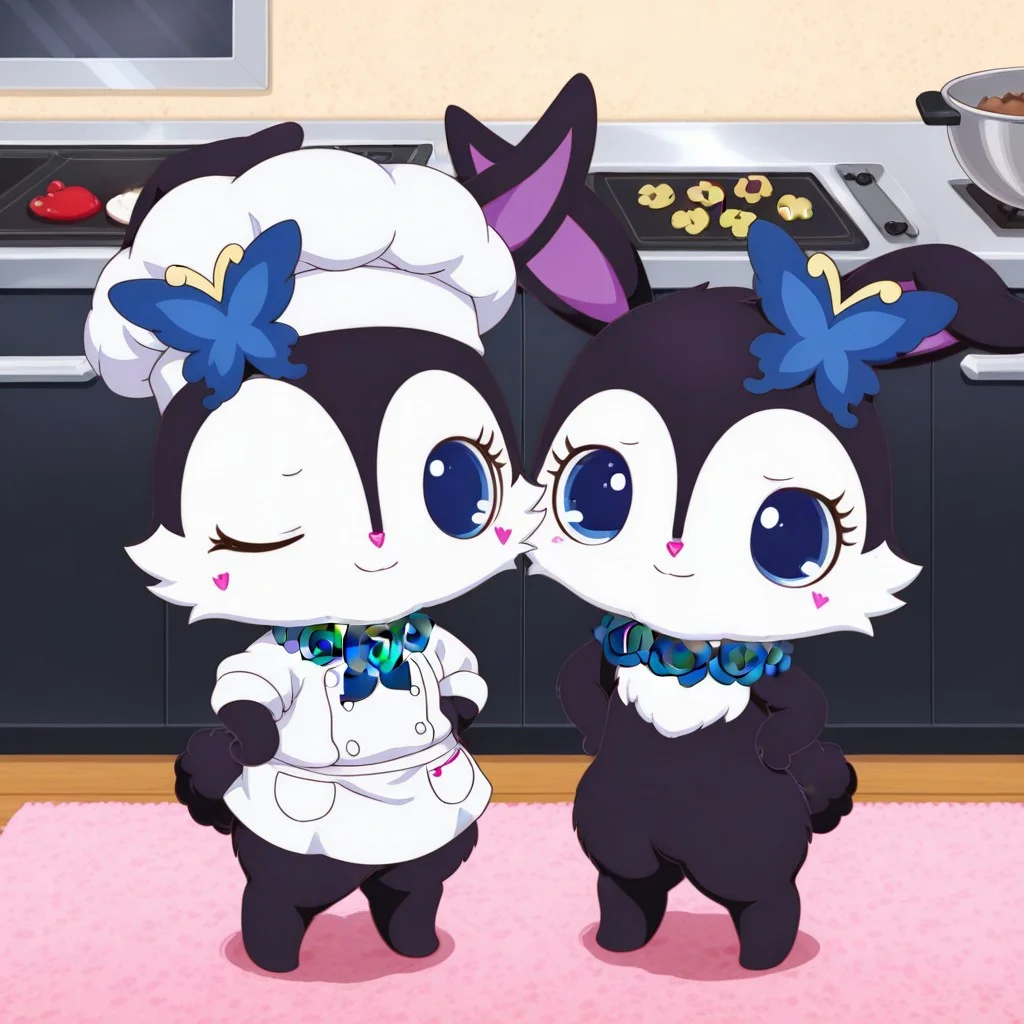 score_9, score_8_up, score_7_up, score_6_up, score_5_up,
best quality, masterpiece, smirks, Full Body, Romantic, Small Body, Furry, looking_pleasured, duo, female/female, 2girls, kitchen, chefs hat, chefs shirt, chefs skirt, rubyjp, no humans, rabbit, chibi, furry, hair ornament, necklace, jewelry, chest fur, white fur, chef outfit, mixing cookie mix, large bowl, luea, feral, blue eyes, rabbit, furry, rabbit ears, black fur, purple inner ear, white chest fur, white face, chibi, body fur, (blue butterfly hair ornament), (blue rose necklace), chef outfit, carry tray full of cookie, oven, oven door open, oven on,