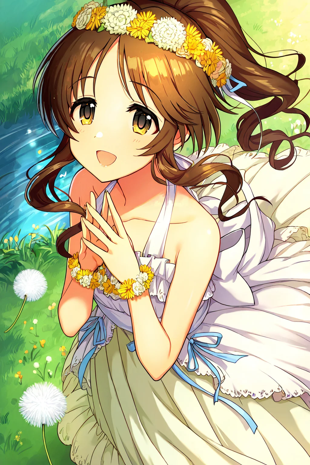 masterpiece,best quality,very aesthetic,absurdres,highres,newest,official art,official style,
1girl,solo,
takamori aiko,brown eyes,brown hair,long hair,sidelocks,
back bow,bangs,bare shoulders,blue ribbon,bow,bracelet,collarbone,dress flower bracelet,frilled dress,frills,hands together,head wreath,lips,long dress,parted bangs,ponytail,ribbon,sidelocks,sleeveless,sleeveless dress,wavy hair,white bow,white dress,
<lora:eye_focus:1>,eye_focus,
flower,dandelion,
jewelry,
smile,standing,full body,open mouth,looking at viewer,
<lora:idolmaster_takamori_aiko_ill_v1.0:1>,