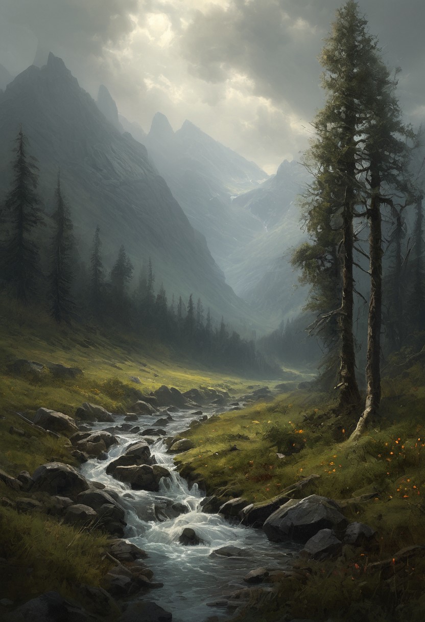 <lora:TheWeirdies_epoch_10:0.78>  
score_9, score_8_up, score_7_up, score_6_up
A giant valley, bad weather, gloomy, grey sky, sunrays through the clouds, dead grass, mountains
((Valley, sunrays, forest on the edge, dark woods surround, , mountains, river, grey, gloomy, cloudy))
<lora:add-detail-xl:1>