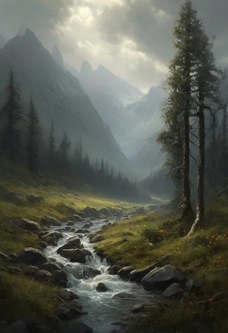 <lora:TheWeirdies_epoch_10:0.78>  
score_9, score_8_up, score_7_up, score_6_up
A giant valley, bad weather, gloomy, grey sky, sunrays through the clouds, dead grass, mountains
((Valley, sunrays, forest on the edge, dark woods surround, , mountains, river, grey, gloomy, cloudy))
<lora:add-detail-xl:1>