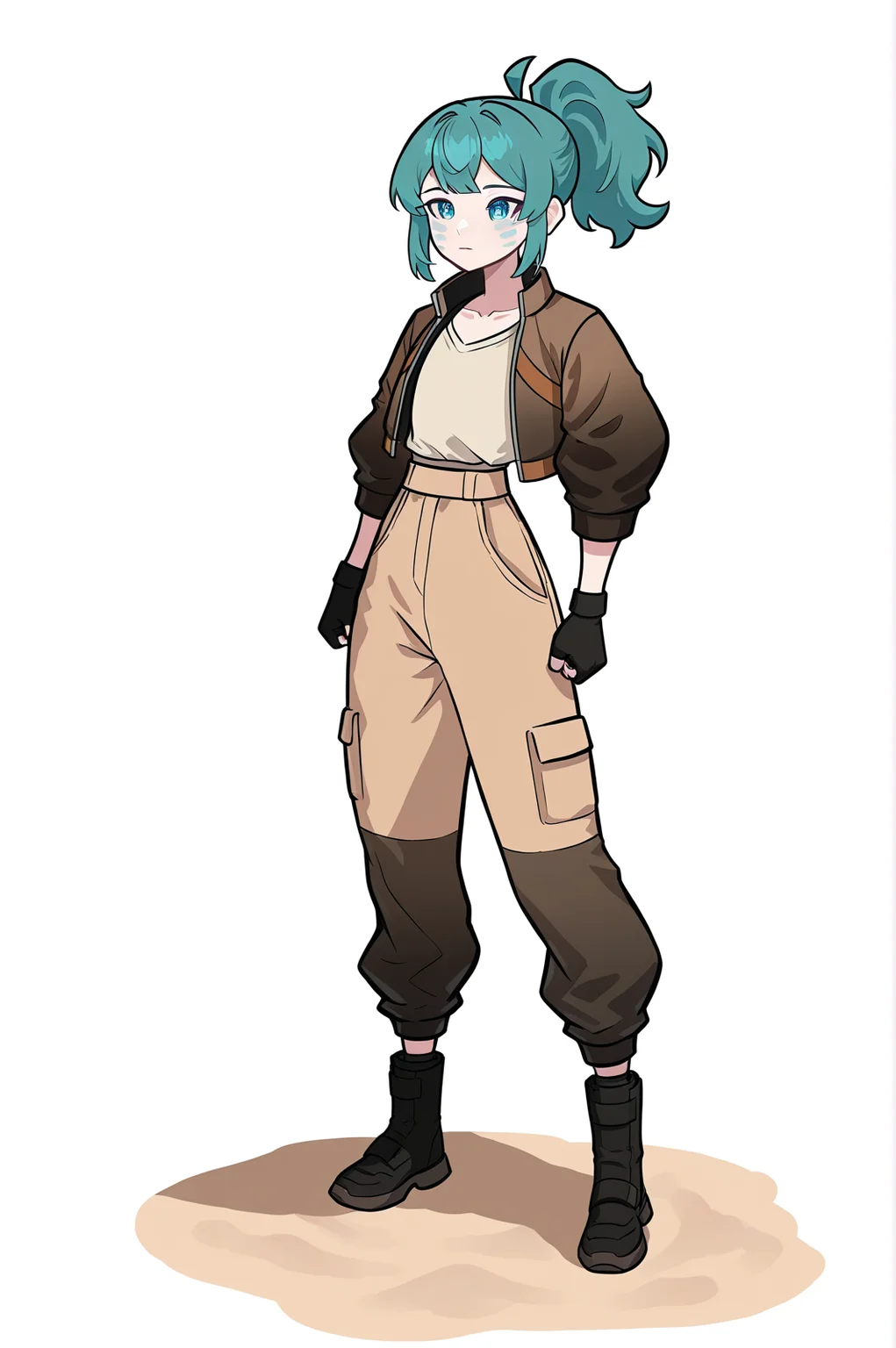 1girl, solo, LennaOC, teal hair, cyan cheek marks, sweeping bangs, ponytail, flat chested,
beige lightweight long-sleeve shirt, sleeves rolled, dark brown cropped field jacket, short collar, loose sand-tone urban cargo pants, stitched reinforced knees, rugged black low boots, light cloth neck gaiter, fingerless gloves
masterpiece, best quality, newest, absurdres, highres, sensitive,  <lora:LennaILXL:1>