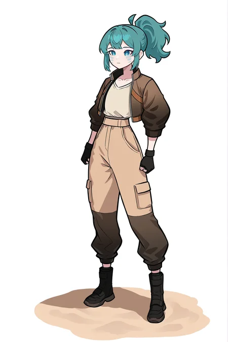 1girl, solo, LennaOC, teal hair, cyan cheek marks, sweeping bangs, ponytail, flat chested,
beige lightweight long-sleeve shirt, sleeves rolled, dark brown cropped field jacket, short collar, loose sand-tone urban cargo pants, stitched reinforced knees, rugged black low boots, light cloth neck gaiter, fingerless gloves
masterpiece, best quality, newest, absurdres, highres, sensitive, <lora:LennaILXL:1>