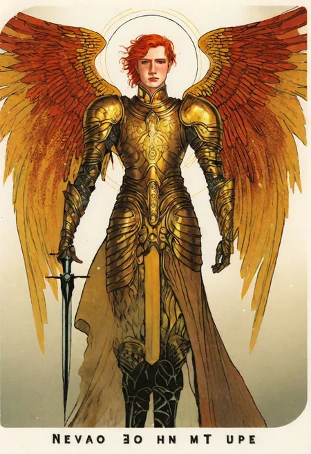 ((art deco)), art by Seb Mckinnon, beautiful man in elegant armor, groom, red hair, halo, (red angel_wings), golden skin, jewelry, golden arc, fiery sun, 5wings