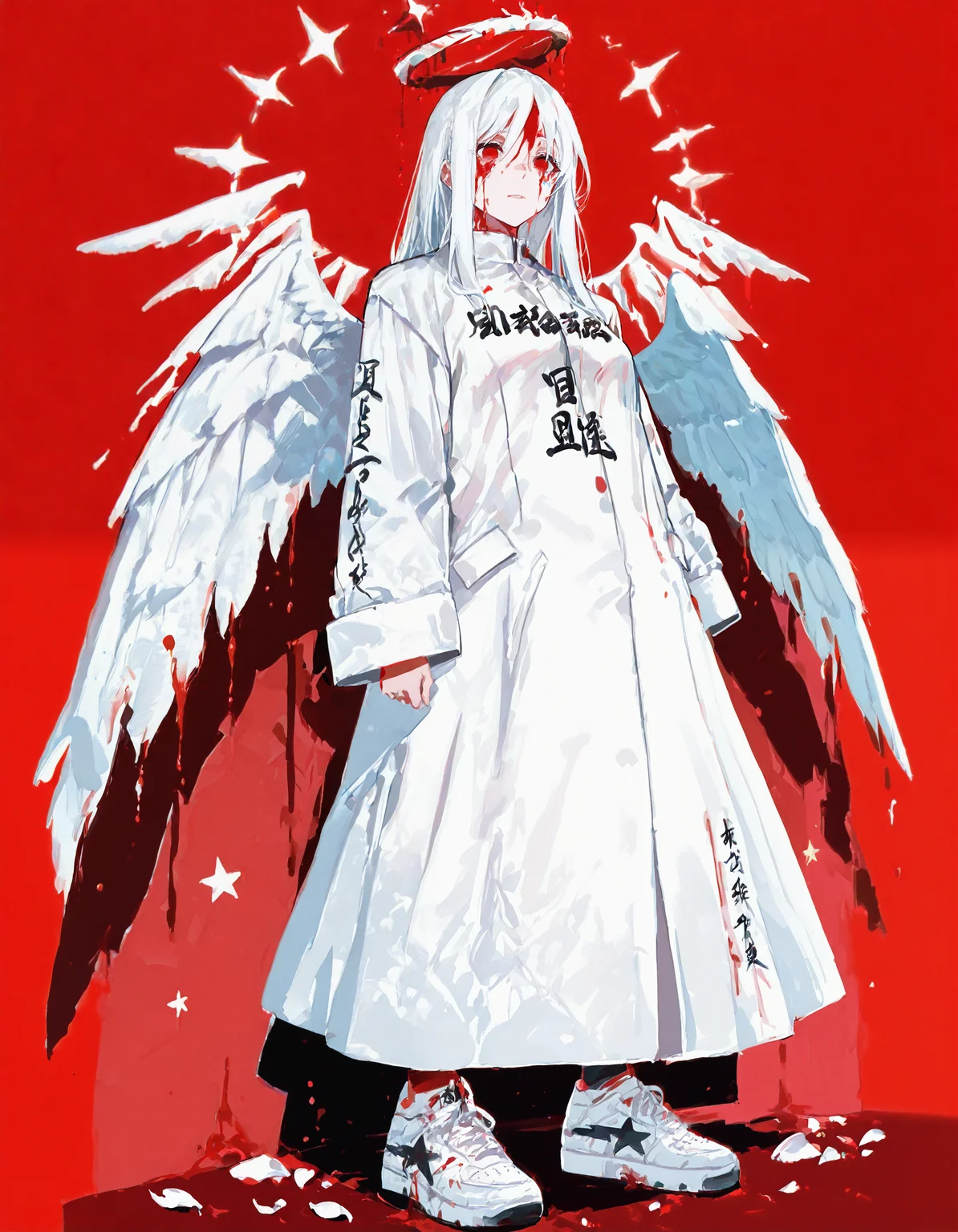 masterpiece, best quality, very aesthetic, absurdres, newest, <lora:69yottea_illu_v2:1>,<lora:tokko-fuku:1>,clothes writing, 69yotte4_illu,red background,blood on wings, 1girl,white hair,core,empty eyes, red eyes, halo,white coat,blood, blood from eyes, petals on clothes, white wings, white paint, <lora:Abstract:0.6>,traditional media, painting \(medium\), film grain, sneakers, from below,<lora:b4pes4:1>,star \(symbol\), b4pesa_nkrs_illu,