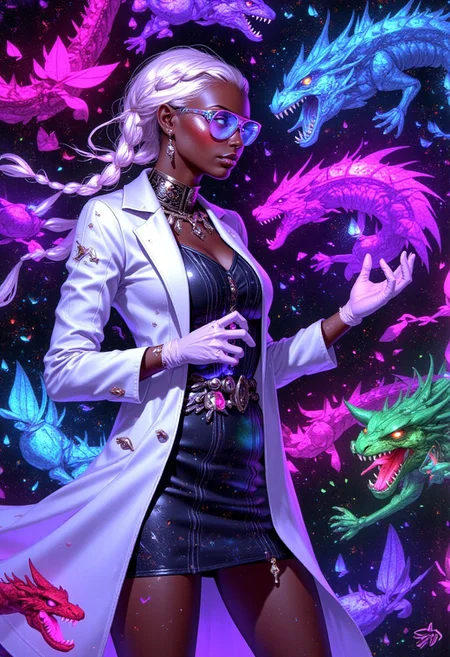 "Create an mosaic full of colors, like a twisted rainbow image of an elegant and observant mad scientist with dark black skin and long white braids. She wears silver-rimmed glasses, a professional white coat, and a fitted dress that hints at her personal style beneath the professional exterior. She studies various fantasy and mythical creatures