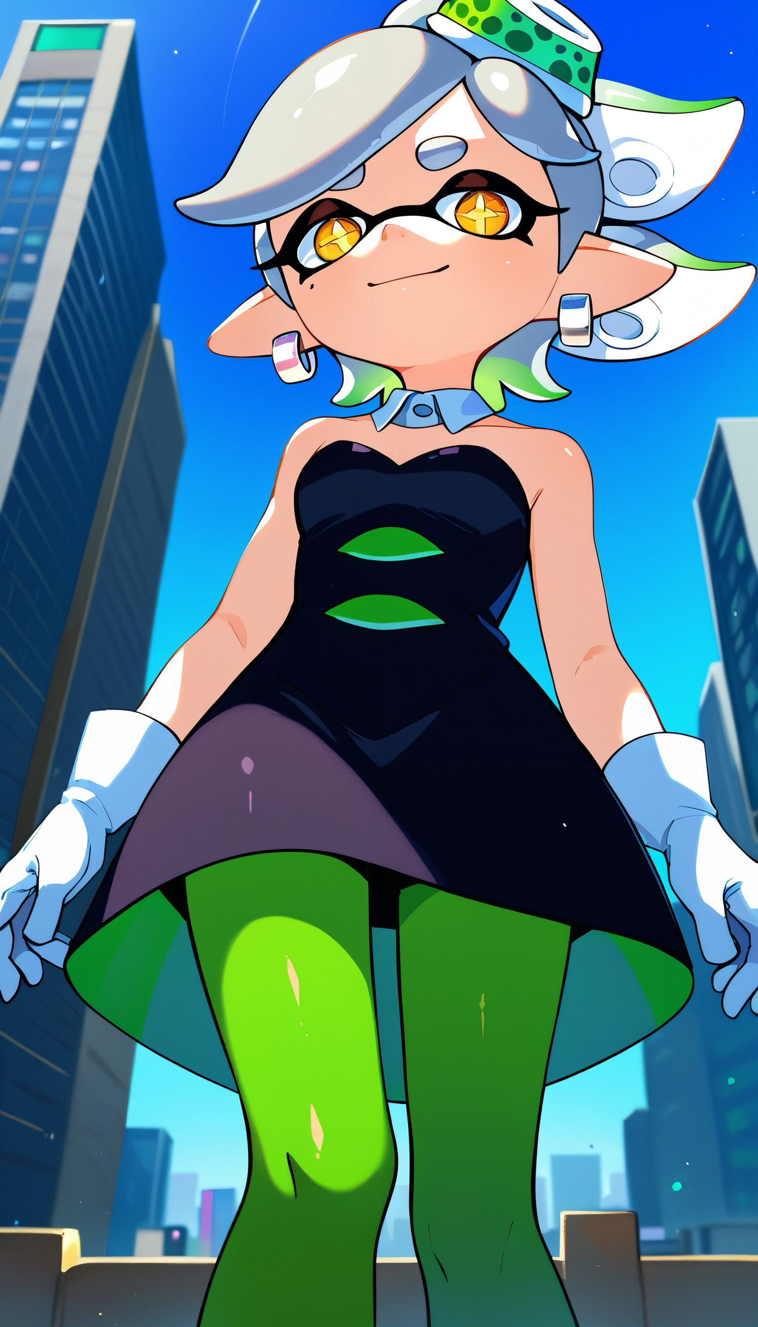 zPDXL3,  <lora:Marie_Splatoon:.8>,
imtdmariest, woman, tentacle hair, pointy ears, mode under eye, yellow eyes, symbol shaped pupils, short grey hair, earrings, black dress, white gloves, green pantyhose, detached collar, strapless dress, bare shoulders, looking at viewer, serious, smiling, standing, from below, outside, city, blue sky,