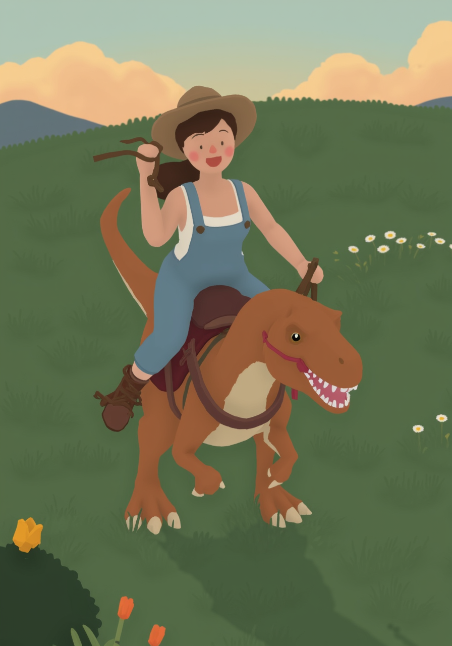 overhead perspective g00se art with smooth textureless style with muted pastel palette of, early 20's female riding a vicious velociraptor wearing a white tank top and overalls, wearing a cowboy hat and holding it firmly on her head, hair blowing in the wind, laughing with joy, holding reigns, on a beautiful field with rolling grassy hills at dusk, light brown ponytail with long bangs, pretty face with freckles and green eyes, velociraptor wearing a saddle with it's claws outstreched, baring its fangs at viewer, long tail an vicious claws<lora:g00se.safetensors:1.0:1.0>