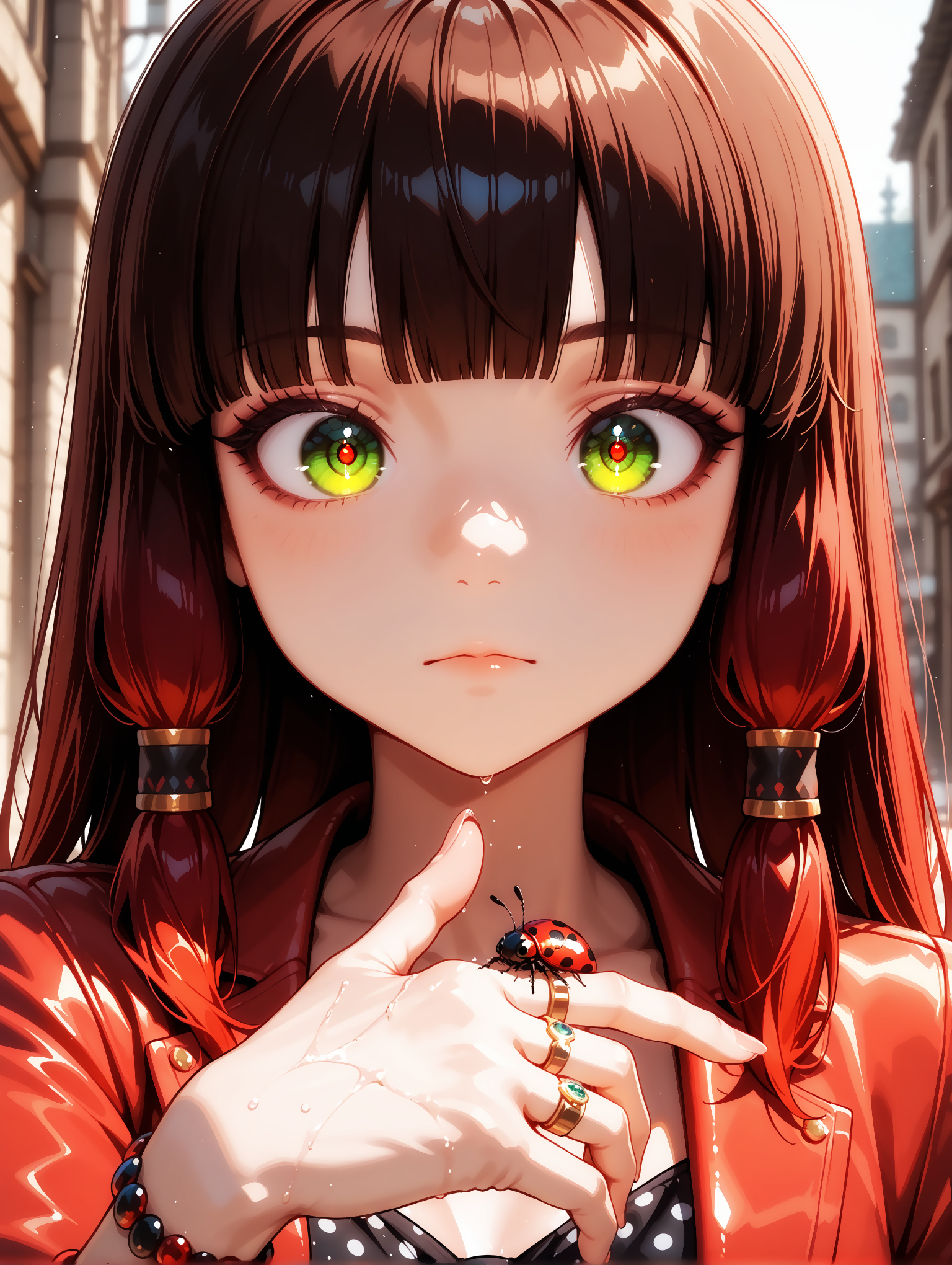 masterpiece, best quality, amazing quality, hyper-Detailed, perfect eyes, amazing quality, solo, 18 years old, imtdlilarossi, 1girl, extreme close up, close-up of her hand with a ladybug on it, bug on hand, one hand on frame, looking at the bug, looking directly at the bug in his hand, close-up of the eyes, very close-up, polka dot jumpsuit, long hair, green eyes, bangs, blunt bangs, brown hair, red hair, red jacket, bracelet, hair tubes, ring, expressionless, melancholic, blur background.
