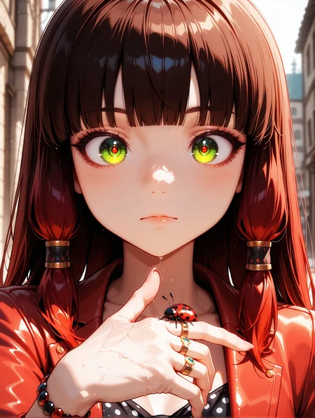 masterpiece, best quality, amazing quality, hyper-Detailed, perfect eyes, amazing quality, solo, 18 years old, imtdlilarossi, 1girl, extreme close up, close-up of her hand with a ladybug on it, bug on hand, one hand on frame, looking at the bug, looking directly at the bug in his hand, close-up of the eyes, very close-up, polka dot jumpsuit, long hair, green eyes, bangs, blunt bangs, brown hair, red hair, red jacket, bracelet, hair tubes, ring, expressionless, melancholic, blur background.