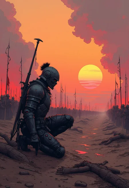 fantasy stylised illustration, anime style, cinematic composition, stunning, masterpiece,best quality,  a battleworn knight squire kneels in the dirt of the battlefield, no helmet, futuristic armour, smoke and fire billows, he is surrounded by fallen standards, the shapeless form of the dead litter the field, big battleground, cyberpunk, dusk sunset,  heavily stylised, style of Edwin Austin Abbey