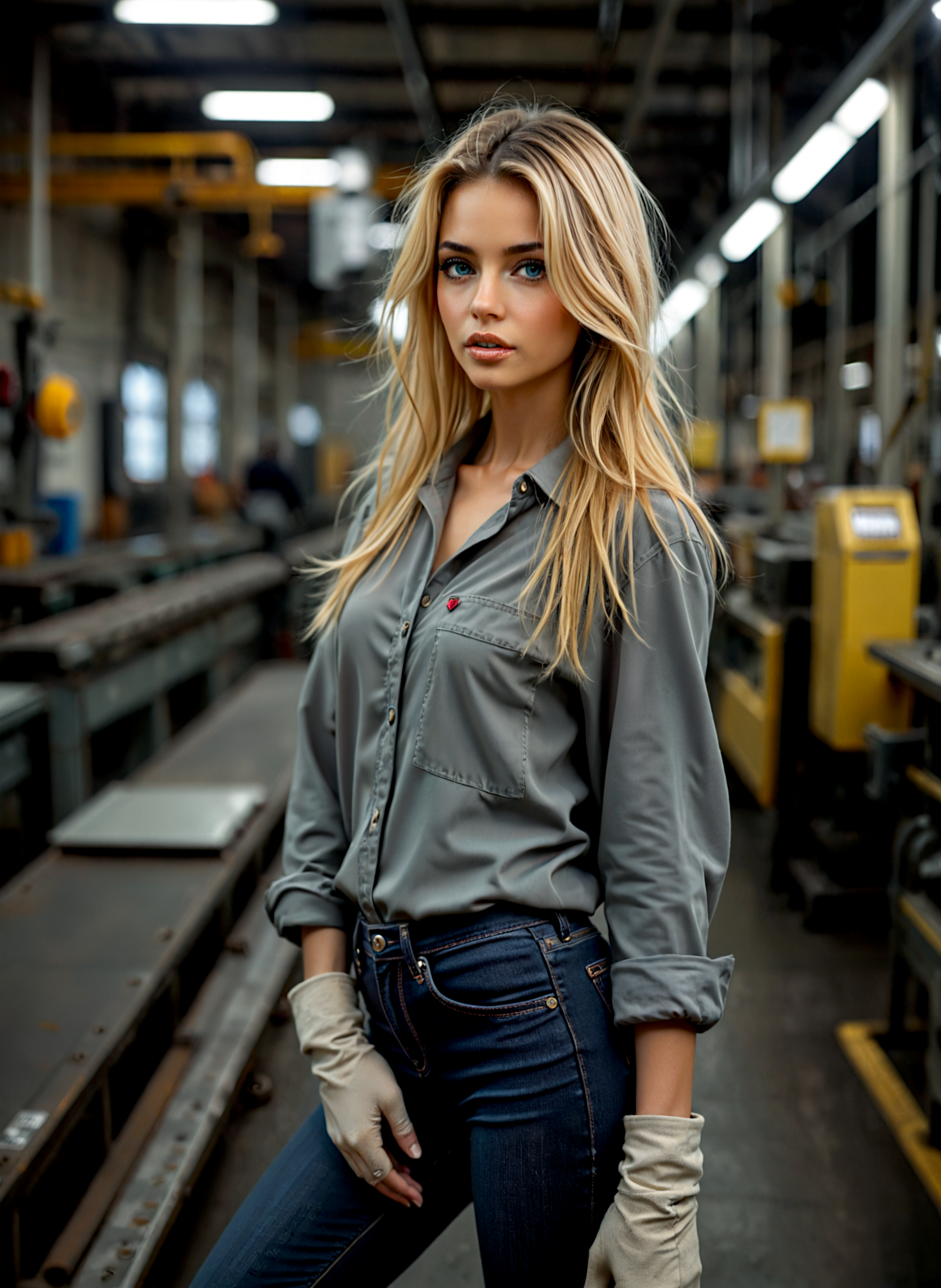 cinematic film still a young woman standing in a factory. She is wearing a denim jumpsuit with a green vest over it and grey jeans. Her blonde hair is styled in loose waves and she is looking directly at the camera with a serious expression. In the background, there are large machines and machinery, suggesting that the factory is used for manufacturing or manufacturing purposes. The lighting is dim and the overall mood of the image is industrial and focused. Shallow depth of field, vignette, highly detailed, high budget, bokeh, cinemascope, moody, epic, gorgeous, film grain, grainy. <lora:add-detail-xl:.5>  <lora:Flux-style-xl-lora:.5>