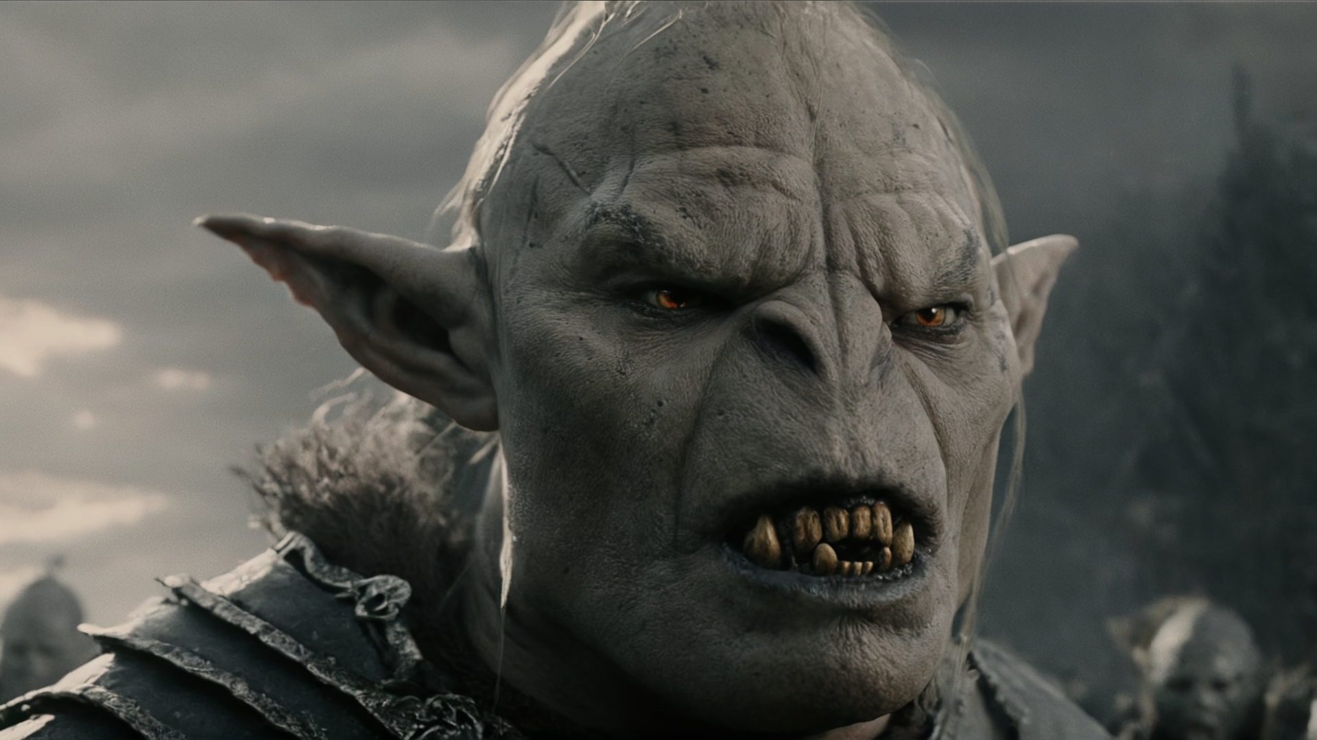 cinematic film still of  <lora:Unreal Engine style:0.3>
 <lora:detailed:0.3>
<lora:perfection style:0.3>
 <lora:Chiaroscuro Lighting Style:0.2> Chiaroscuro Lighting Style
 <lora:The Lord of the Rings style v2:0.9>
In a Fantasy Middle-earth world in the dark ages Gothmog Balrog  a close up of a orkman person with a weird face,Orc,Uruk,solo,looking at viewer,1boy,brown eyes,male focus,blurry,portrait,realistic , dramatic light, dramatic shadow light, film contrast, cinematic film color, cinematic film look, filmic, realistic, realism, perfection, perfect, movie still, fantasy drama, epic drama, fictional, Age of Wonders, Age of Empires, warriors,  Medieval style, middle ages, dungeons and dragons style, different people, different, unique, kingdoms and castles, violent, aggressive, detailed, perfection, detailed face, detailed body, detailed hands, detailed eyes, sharp, horror themed, dark themed, epic fantasy adventure film style, Legendary, mythical, The Lord of the Rings style, shallow depth of field, vignette, highly detailed, high budget, bokeh, cinemascope, moody, epic, gorgeous, film grain, grainy