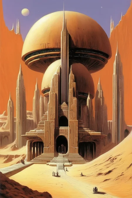 <lora:Angus McKie Style:1>Angus McKie Style - Dune Universe by Frank Herbert. Alia's Temple in the city of Arrakeen.