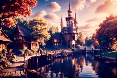 <lora:HarborAndDocks:0.8> hado, outdoors, watercraft, building, clouds, docks, water, morning light, mystical, runes, magical, energy, wooden, OverallDetail, epiCPhoto, <lora:Wizard_Tower:0.6> witow, tower, castle, plum trees