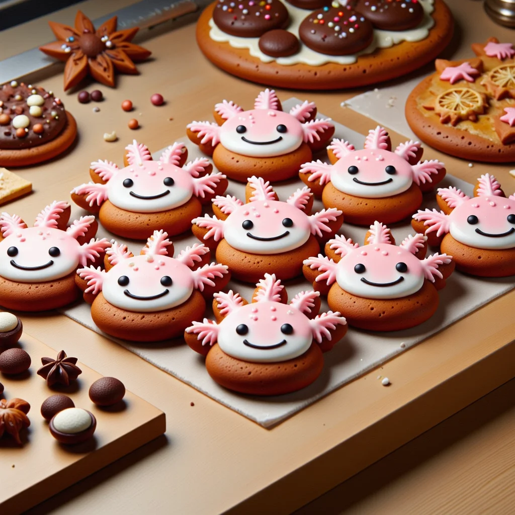 photograph of a intricately decorated gingerbread with pink icing smiling axolotl faces, placed flat on display behind a glass display case at a bakery. pink icing designs of the frilly gills and black icing round eyes and smiles<lora:Axomodel_Flux_V2.safetensors:0.85:0.85> <lora:Gingerbread_Cookie_Customizer_FLUX-000019.safetensors:1:1>