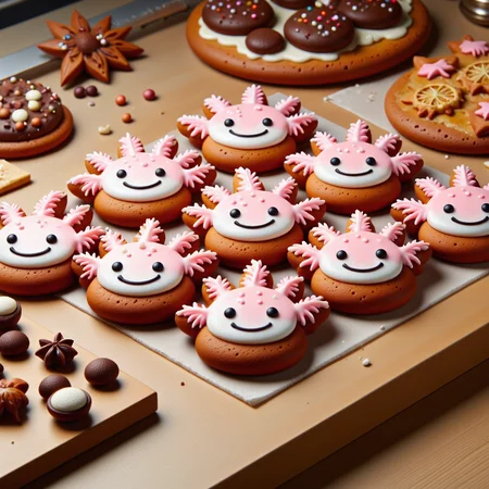 photograph of a intricately decorated gingerbread with pink icing smiling axolotl faces, placed flat on display behind a glass display case at a bakery. pink icing designs of the frilly gills and black icing round eyes and smiles<lora:Axomodel_Flux_V2.safetensors:0.85:0.85> <lora:Gingerbread_Cookie_Customizer_FLUX-000019.safetensors:1:1>
