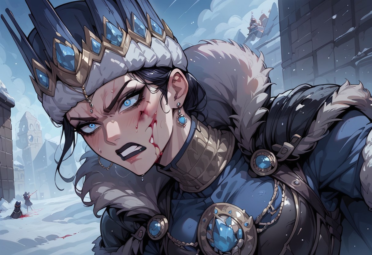 score_9, score_8_up, score_8, cinematic lighting, g0thicPXL, , cinematic lighting, glowing,, black eyeshadow, , (breathing), (sweating),, winter, snow,  rough, , black lipstick,, anime, , makeup,armor, blood on face, blood on armor, bloody wound on side of body, battlefield , angry, fur trim dress, fur cloak, crown, katarinkis, headpiece
source_anime, expressive, anime, cartoon, dynamic, , expressiveh,