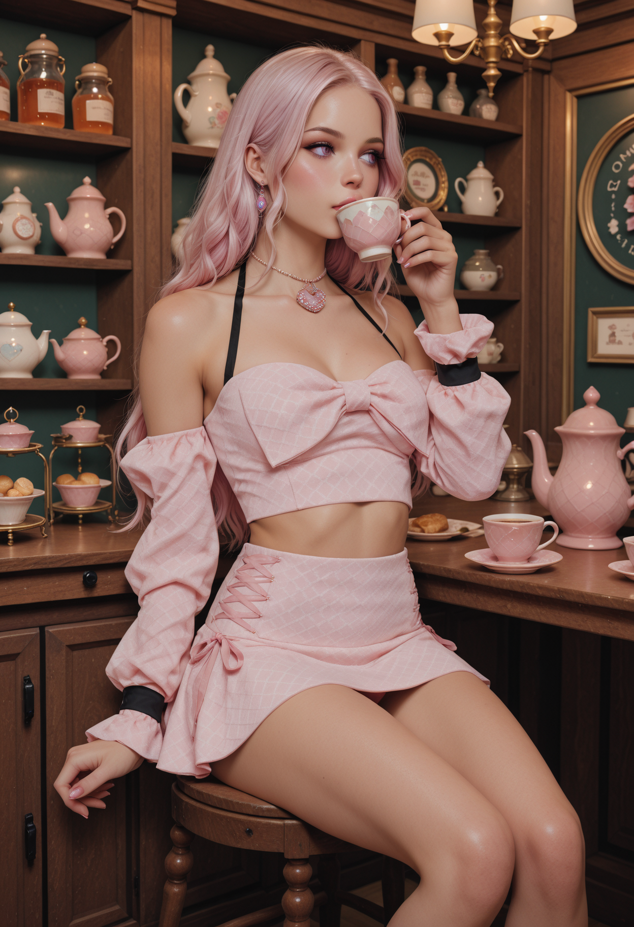 masterpiece, best_quality, reij-rt style.
woman, reaslisitc_body, sitting at a table, drinking tea, pink dress, bare shoulders, detached sleeves, midriff, miniskirt, pink skirt, long sleeves, detailed_eyes, tea shop interior, pink and indigo.
HDR, absurdres, ultra-detailed, highly_aesthetic,
<lora:reij-rt:0.9>
<lora:TeaTimeDressILL:0.7>