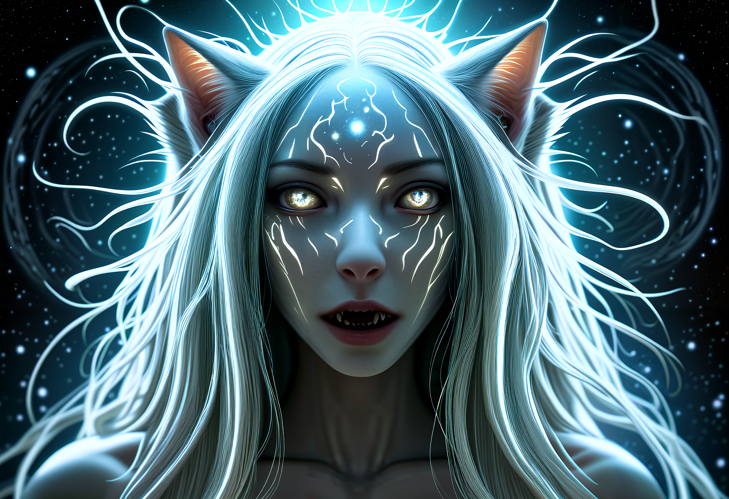 MHXL, A cosmic horror entity, its vast consciousness spanning galaxies, psychically dominating entire civilizations with a mere thought, planets populated by its mind-enslaved thralls, hyper-minimalist, extremely intricate, fantasy, Volumetric Lighting, Best Shadows, Shallow Depth of Field, Portrait, Delicate , Neko. Long, straight silver hair with cat ears, Surprise, astonishment, shock, amazement, Raise the eyebrows, widen the eyes, and open the mouth in an 'O' shape, Elongated fungal structures