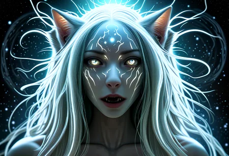 MHXL, A cosmic horror entity, its vast consciousness spanning galaxies, psychically dominating entire civilizations with a mere thought, planets populated by its mind-enslaved thralls, hyper-minimalist, extremely intricate, fantasy, Volumetric Lighting, Best Shadows, Shallow Depth of Field, Portrait, Delicate , Neko. Long, straight silver hair with cat ears, Surprise, astonishment, shock, amazement, Raise the eyebrows, widen the eyes, and open the mouth in an 'O' shape, Elongated fungal structures