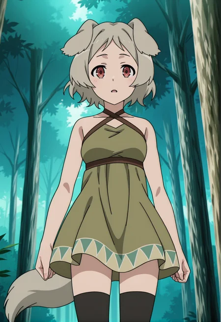 <lora:Tersena ADOLDIA_illustrious-000048:1>,
Tersena ADOLDIA,1girl,solo,thighhighs,tail,dress,tree,black thighhighs,forest,dog ears,nature,bare shoulders,short dress,cowboy shot,dog tail,anime screencap,looking_at_viewer