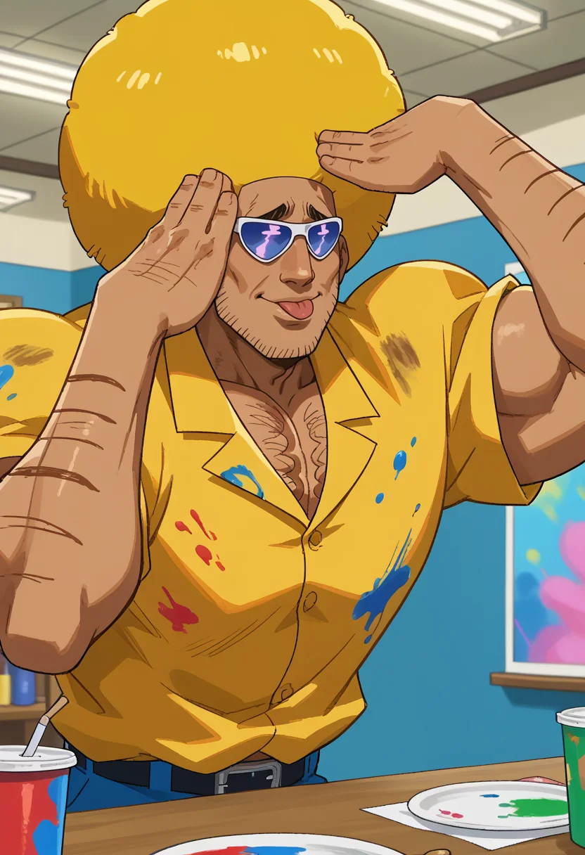 zPDXL3, indoors,
BREAK
(1boy, solo:1.2), bobobo-bo bo-bobo, (muscular), afro, blonde hair, sunglasses, chest hair, arm hair, (dirty shirt, paint splatter), upper body, dark-skinned male, manly, flying sweatdrops, AhEtoBlehMeme, tongue out, :p, hands on own head, smile, leaning forward
<lora:Bobobo-bo_Bo-bobo:1> <lora:add-detail-xl:2> <lora:AhEtoBlehMeme_pdxl_Incrs_v1:1>