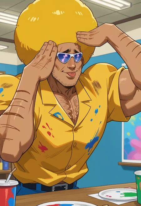 zPDXL3, indoors,
BREAK
(1boy, solo:1.2), bobobo-bo bo-bobo, (muscular), afro, blonde hair, sunglasses, chest hair, arm hair, (dirty shirt, paint splatter), upper body, dark-skinned male, manly, flying sweatdrops, AhEtoBlehMeme, tongue out, :p, hands on own head, smile, leaning forward
<lora:Bobobo-bo_Bo-bobo:1> <lora:add-detail-xl:2> <lora:AhEtoBlehMeme_pdxl_Incrs_v1:1>