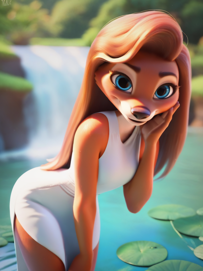 score_9, score_8_up, score_7_up, score_6_up,  Furry fox girl swimming on a lake next to a waterfall, (white dress), leaning forward, cute pose,  smile, blue eyes, red long hair,  looking at viewer, cute, cartoon, detailed landscape, cowboy shot,
 <lora:DisneyStudios_style:1> DisneyStyleXLP