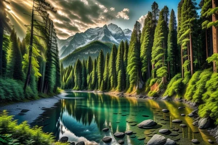 ultra-realistic image with high resolution and stable focus, correct and accurate anatomy, correct and accurate objects, perfect detail, ultra-realism, photo realism, 2D, 2D concept art, (((no humans, no animals, no man made structures))), ((anime, anime style))
BREAK
natural landscape, sea, mountain, forest, river mouth, river flow into the sea, estuary, rock formations, coast, beach, shore
BREAK
Mountain, forest, pine forest, pine trees, trees, rocks, small trees, river, large river, redwood forest, redwood trees