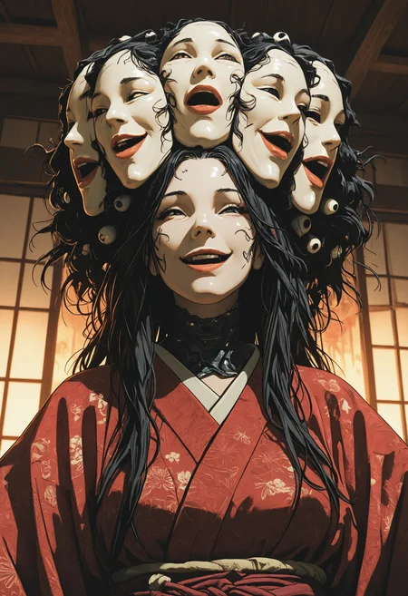 mcht2, mask, solo, japanese clothes, kimono, 1girl, long hair, open mouth, smile, black hair, red kimono, upper body, multiple faces, macabre, eldrich, creature, detailed lighting, masterfully drawn, expressive, amazing quality, best resolution, very aesthetic, 4k, latest, , <lora:5446466b-cec5-48ee-8b09-f2b6d0993aab:0.9>