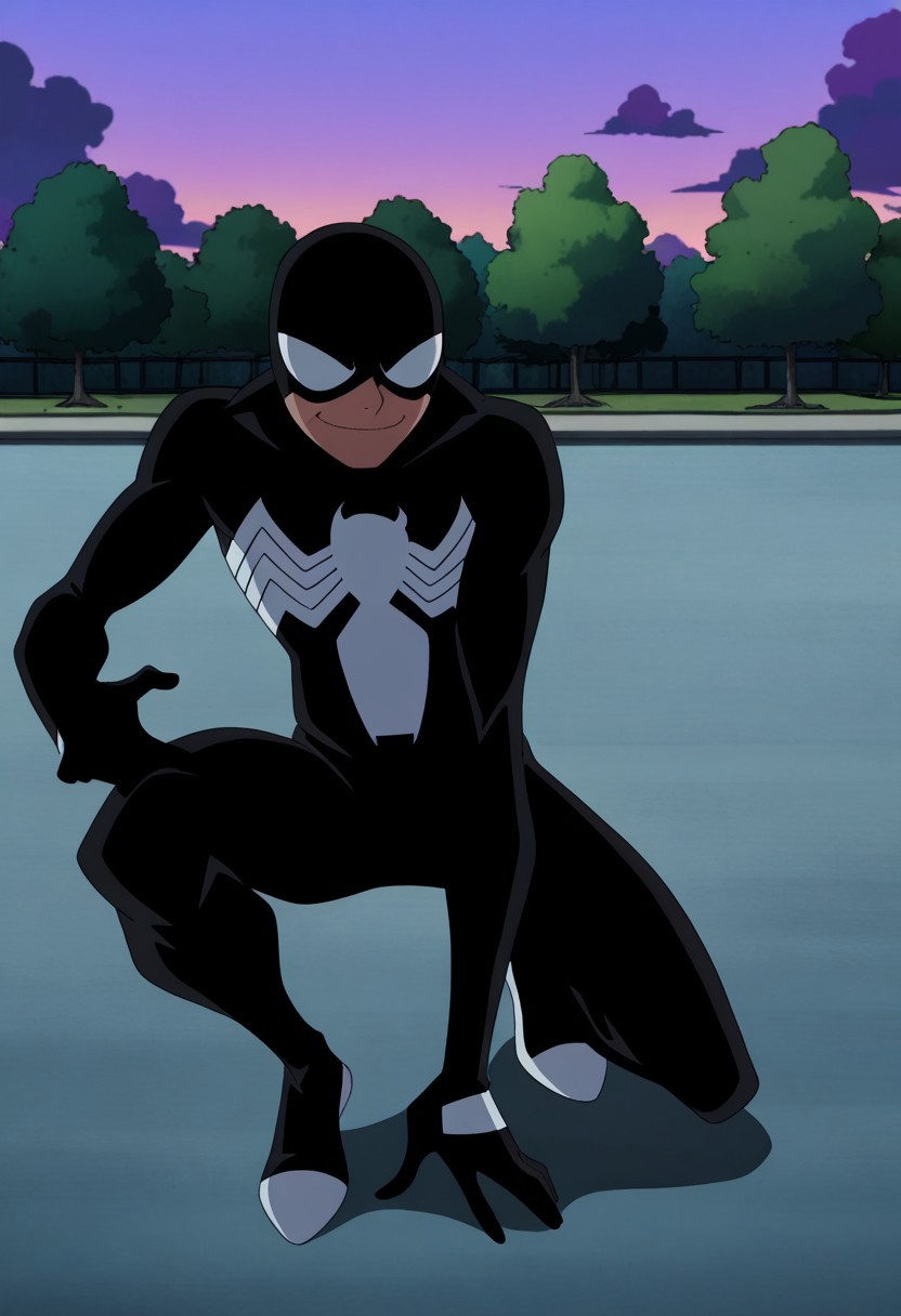 anime screencap, anime coloring, masterpiece, best quality, amazing quality, absurdres, male focus, 1boy, solo, black bodysuit, mask, superhero, muscular, white eyes, cloud,,full body,smile, fighting stance, park,