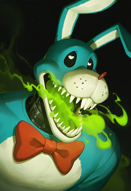masterpiece, best quality, amazing quality, very aesthetic, absurdres, newest, detailed background, foreground blur, (( cartoon, )),
waltenfiles, animal ears, rabbit ears, teeth, solo, no humans, red bowtie, male focus, sharp teeth,
green smoke, dutch angle, tilted view, laughing, breathing out green smoke, side view, black background, side eye,