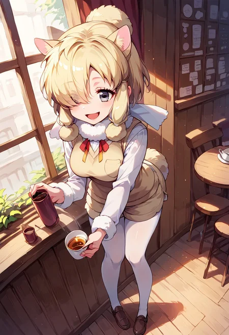 1girl, ((solo)), best quality, ultra-detailed, extremely detailed, perfect anatomy, masterpiece, score_9, score_8_up, score_7_up, Expressiveh, alpaca suri (kemono friends), alpaca ears, hair over one eye, bangs, blonde hair, grey eyes, sidelocks, hair tubes, hair bun, tail, short hair, horizontal pupils, fur scarf, white pantyhose, long sleeves, fur collar, fur trim, neck ribbon, white shirt, sweater vest, shorts, pantyhose, breast pocket, fur-trimmed sleeves, shoes, standing, open mouth smile, smile, cute, full body, cafe background, in a cafe, indoors, window with light, countertop, tables, chairs, leaning forward, dutch angle, contrapposto, full-length portrait, happy, eager, holding tea kettle,