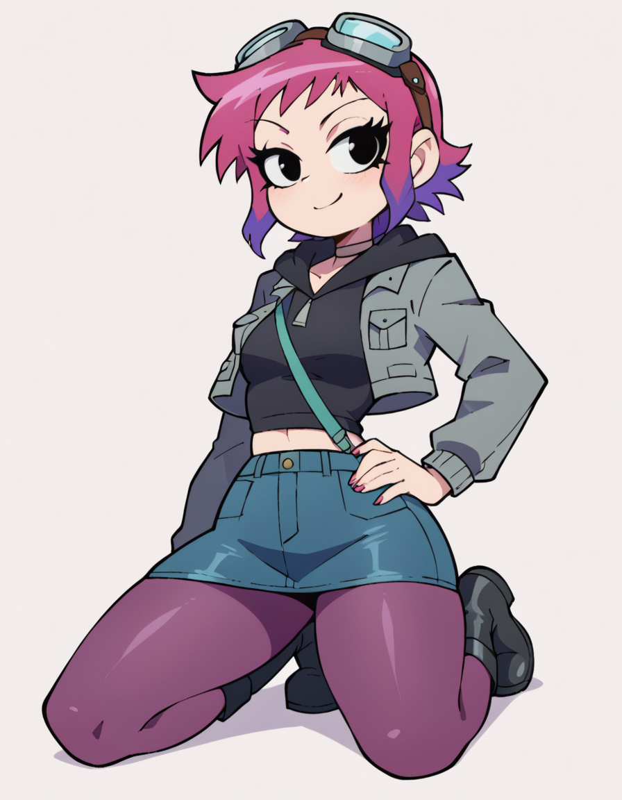 score_9, score_8_up, flat color, 2D, 1girl, solo, kneeling, kness together, white background, simple background, flat background, ramona flowers, black eyes, wide hips, narrow waist, jacket, black hoodie under jacket, layered clothing, hood, goggles on hood, jean skirt, purple pantyhose, black boots, hand on own hip, amused, smirk, half-closed eyes,  <lora:RamonaSDXL:0.80>