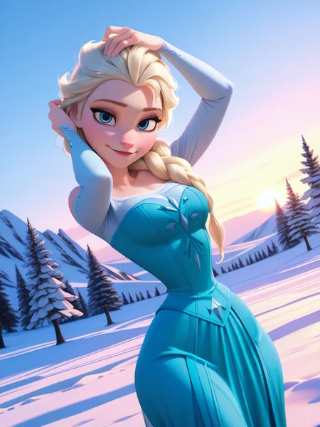 (screencap:1.1), (realism:1.1),
1girl, medium breasts, narrow waist, wide hips, (ElsaXL:1.1), blonde hair, blue eyes, single braid, hair over shoulder, blue dress, bare shoulders, long sleeves,
light smile, dutch angle, naughty pose, looking at viewer, snow, palace behind, sky, daylight, portrait, dynamic pose, cowboy shot, arms up, one hand on hair, head tilt,
 <lora:ElsaXL_Character:1>