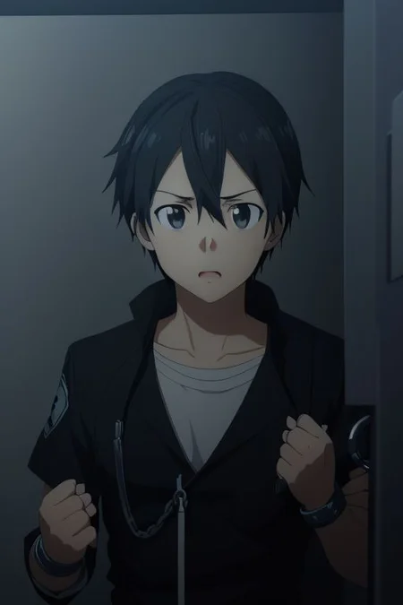 high resolution, solo, best quality, 1Boy, Kazuto Kirigaya, portraits, Black Hair, Black Eyes, arrested, restrained, struggling, handcuffs, interrogated, interrogation room, OverallDetail