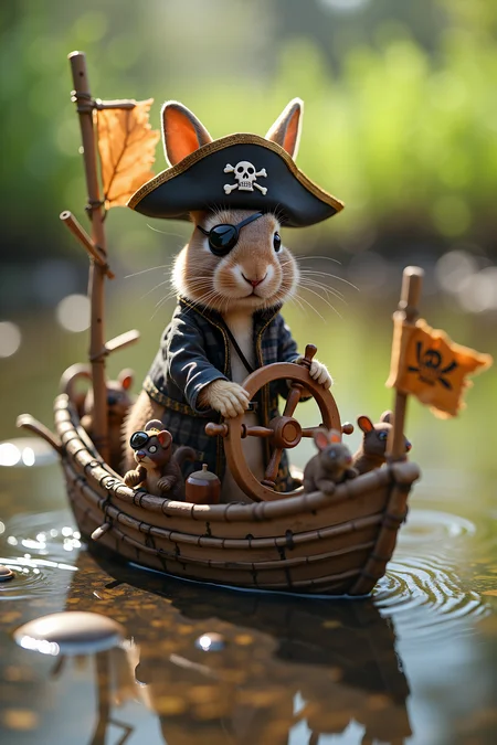 A humorous and adventurous scene featuring a rabbit pirate standing proudly at the helm of a tiny, makeshift ship sailing across a large puddle. The rabbit, wearing a miniature tricorn hat with a skull and crossbones, has a determined expression as it grips the wooden wheel with its tiny paws. It’s dressed in a patchwork pirate coat, with one ear adorned with a small gold hoop earring. An eye patch covers one eye, giving it a swashbuckling appearance.
The ship is a playful contraption, cobbled together from twigs, leaves, and a matchstick mast with a leaf serving as a tattered sail. A tiny flag flutters at the top, emblazoned with a crudely drawn skull and crossbones. In the background, the puddle stretches out like a vast ocean, with blades of grass towering like distant islands. A few scattered acorns and small pebbles are positioned as makeshift cannons along the ship’s side.
On deck, a crew of small forest animals—perhaps a squirrel with a bandana and a mouse with a tiny sword—stand ready, adding to the comical sense of grandeur in this miniature pirate adventure. The lighting is bright, with the sun reflecting off the puddle, casting playful shadows and adding to the lively, lighthearted atmosphere.