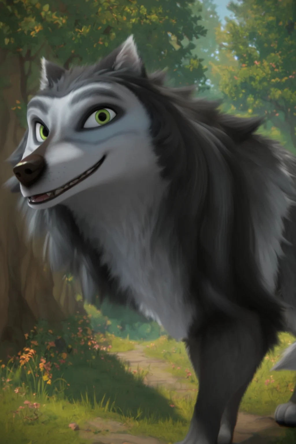score_9, score_8_up, score_7_up, score_6_up, low angle, looking at viewer, smile, happy, feral, wolf, male, tone body, gray fur and black gray fur, green eyes, dark eyebrows, tail, solo, forest background <lora:Hutch_Alpha_and_Omega_XLPony:1>