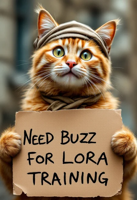 An orange tabby cat with a pauper hat holding a cardboard sign that reads "Need Buzz for Lora Training" The cat is begging for donations.