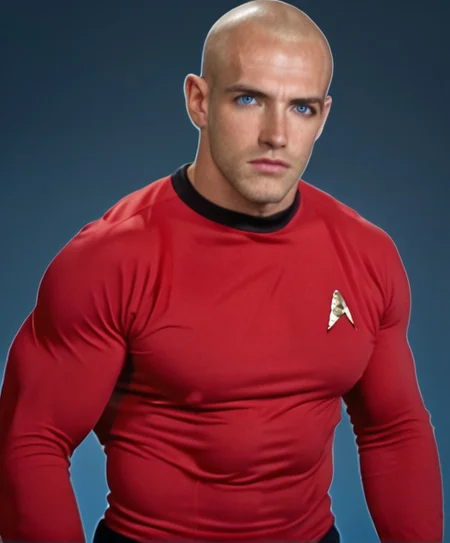 1boy, 20 year old male, Handsome, masculine, blonde, star trek, red shirt, muscle, tall, tight shirt, wide pectorals, big shoulders, wide shoulders, muscular neck, German, bald, big pale blue eyes, abs, biceps, soldier facial expression, phaser, hand,
stunf, star trek uniform,