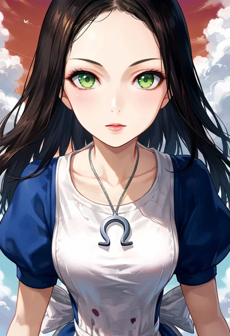 SCORE_9, SOURCE_ANIME, SOLO, 1GIRL, PORTRAIT, CLOSE UP, FRONT VIEW, ALICE LIDDELL, BLACK HAIR, GREEN EYES, DRESS, APRON, NECKLACE, RED SKY, CLOUDS,