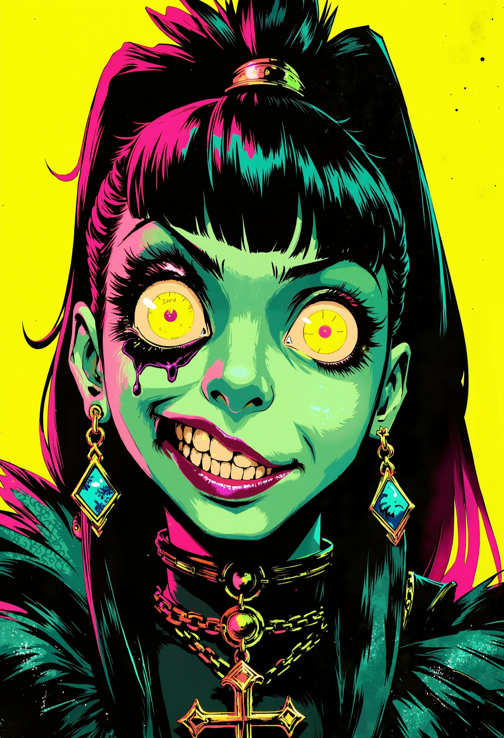 bo-neon, ArcaneFGTNR, a digital illustration in a vibrant, gothic style, it features a close-up of a young woman's face, with striking, exaggerated features, her skin is a pale, almost translucent green, with patches of black and white, resembling a patchwork fabric, her eyes are large and vivid, with a striking, glowing yellow hue, and her lips are full and slightly parted, revealing a playful, mischievous smile, she has dark, straight hair with pink highlights, styled in a high ponytail with a few loose strands framing her face, her makeup is bold and dramatic, with thick, black eyeliner and mascara accentuating her large, expressive eyes, she wears large, turquoise earrings with a cross pendant, and a black, high-collared top with a mix of fur and lace textures, the background is a solid, bright yellow, which contrasts sharply with her vivid colors, making her stand out vividly, the overall composition is dynamic, with the woman's expression and makeup drawing the viewer's attention, high quality, ultra detailed, colorful, grainy, cyberpunk fantasy<lora:ArcaneFGTNR.safetensors:1.0:1.0> <lora:Flux\boFLUX Neon Abyss.safetensors:1.0:1.0>