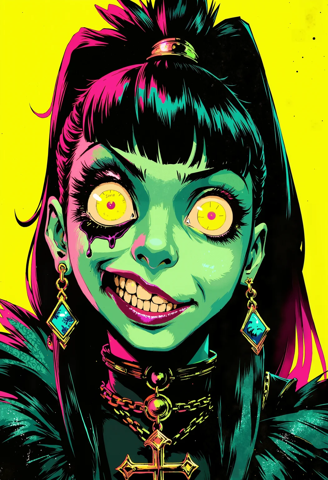 bo-neon, ArcaneFGTNR, a digital illustration in a vibrant, gothic style, it features a close-up of a young woman's face, with striking, exaggerated features, her skin is a pale, almost translucent green, with patches of black and white, resembling a patchwork fabric, her eyes are large and vivid, with a striking, glowing yellow hue, and her lips are full and slightly parted, revealing a playful, mischievous smile, she has dark, straight hair with pink highlights, styled in a high ponytail with a few loose strands framing her face, her makeup is bold and dramatic, with thick, black eyeliner and mascara accentuating her large, expressive eyes, she wears large, turquoise earrings with a cross pendant, and a black, high-collared top with a mix of fur and lace textures, the background is a solid, bright yellow, which contrasts sharply with her vivid colors, making her stand out vividly, the overall composition is dynamic, with the woman's expression and makeup drawing the viewer's attention, high quality, ultra detailed, colorful, grainy, cyberpunk fantasy<lora:ArcaneFGTNR.safetensors:1.0:1.0> <lora:Flux\boFLUX Neon Abyss.safetensors:1.0:1.0>