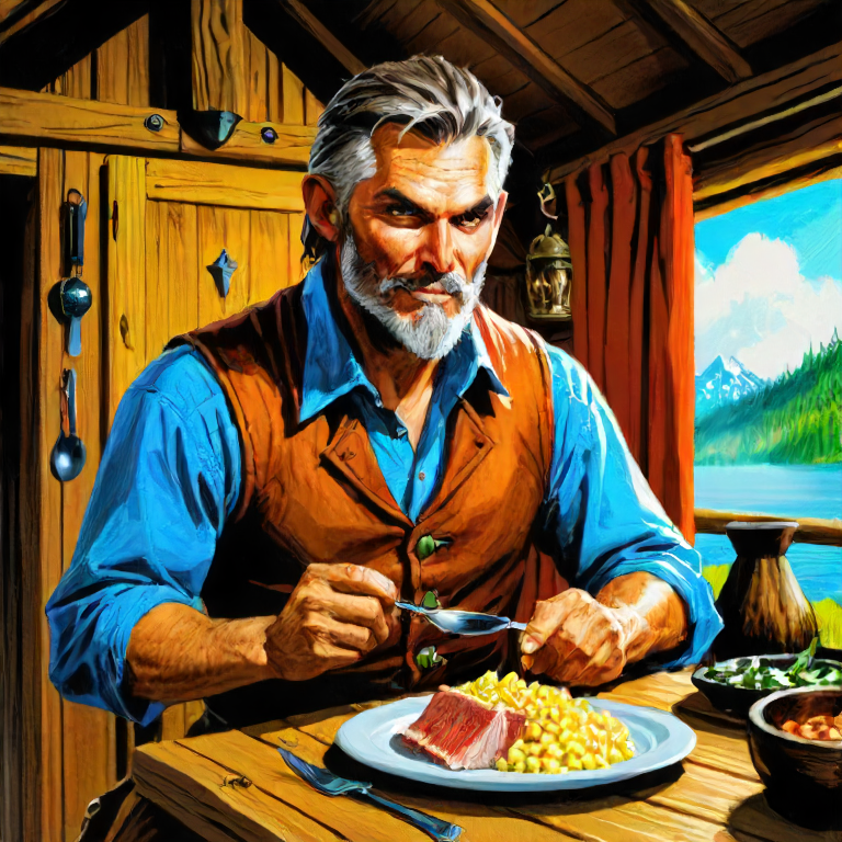 portrait of a master huntsman eating, in a cabin, fantasy, rpg, rpgartworkstyle, artwork, detailed, <lora:quality1:1>