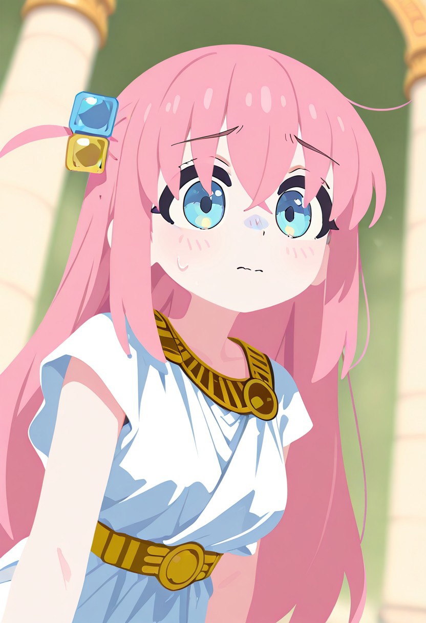 fabulosity_style, best quality, no lineart, no outline, flat color, blurry background, depth of field, thick eyelashes, 1girl, gotoh hitori, ancient greek clothing, blue eyes, nervous