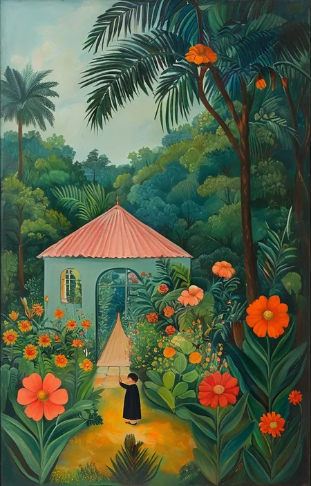 masterpiece,best quality,<lora:tbh128-sdxl:0.9>,A child is doing homework,oil painting,style of Henri Rousseau,