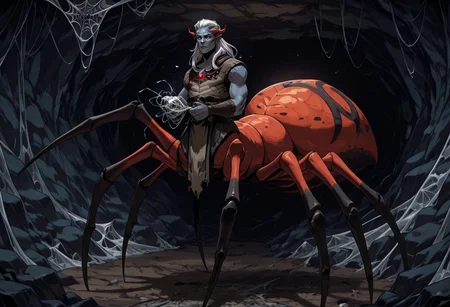 masterpiece, best quality, newest, absurdres, highres, PaintedComic-V5.0, HadesCharacterArtstyle-IL-V1.0, 1boy, spider, spider lower body, human upper body, humanoid upper body, taur, centauroid, monster boy, male drider, arthropod boy, spider boy, spider web, web, webbing, cave, spider webs