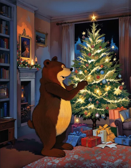 <lora:chzcat:1>, A cheerful cartoon bear decorating a Christmas tree in a festive living room. The bear is standing on tiptoes, placing ornaments on the tree with excitement, surrounded by twinkling lights and wrapped gifts underneath the tree.
